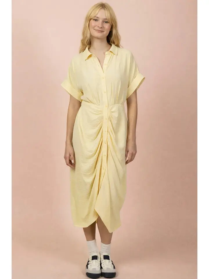 Shirring Detail Button Down Shirt Midi Dress