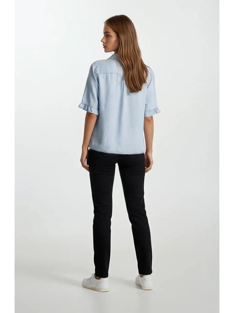 Denim V-Neck Mini Ruffle Detail Shirt