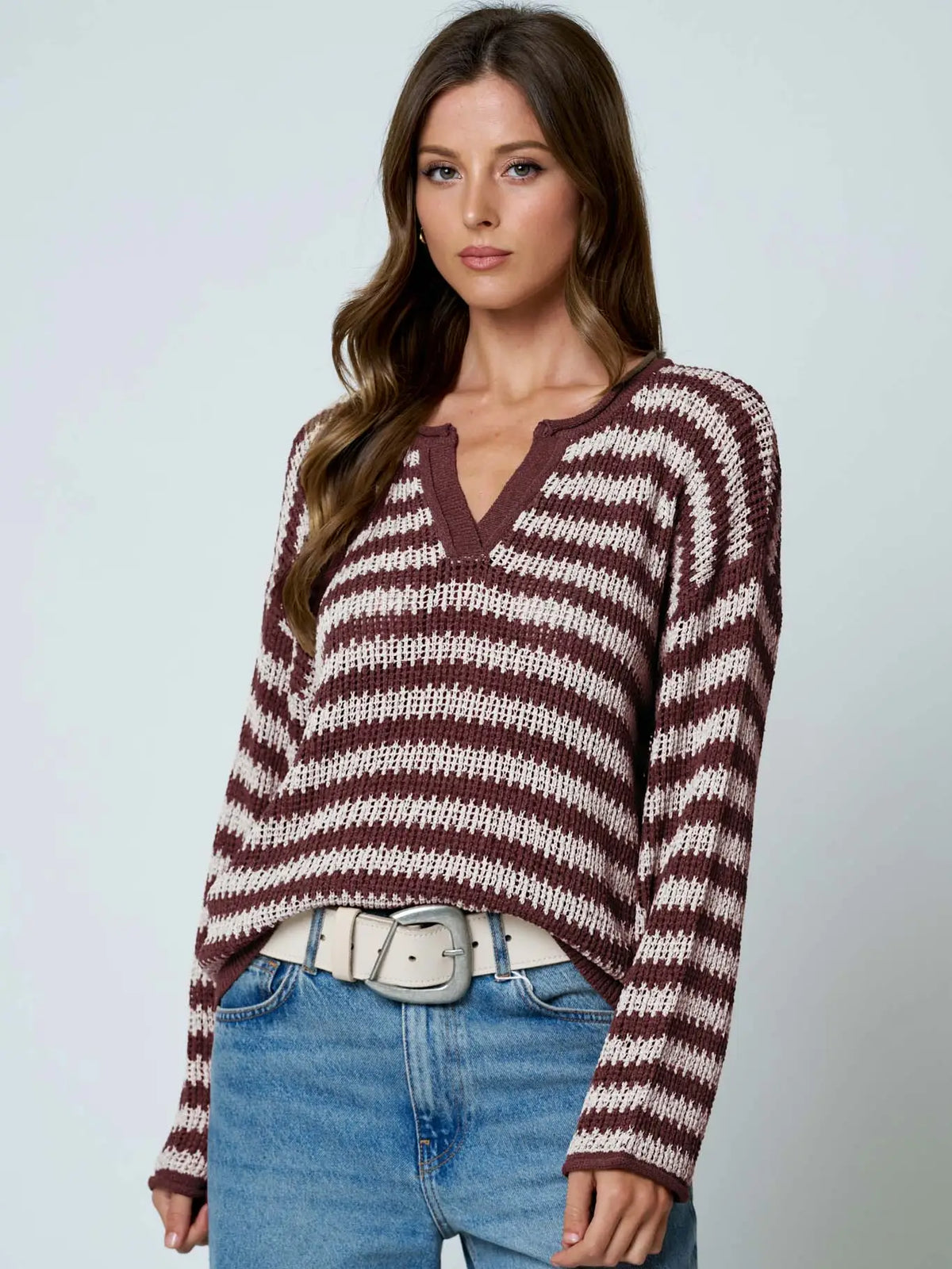 Stripe Raw Edge Split Neck Sheer Knit Sweater