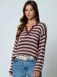 Stripe Raw Edge Split Neck Sheer Knit Sweater