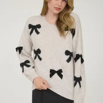 Bow Pattern Long Sleeve Knit Sweater