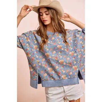 Washed Denim Floral Top