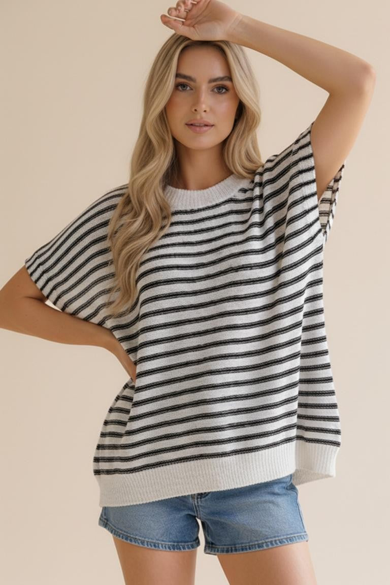 Dolman Short Sleeve Stripe Sweater Knit Top