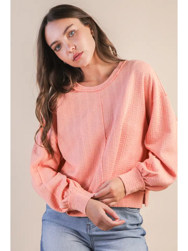 Raw Edge Detail Oversized Textured Knit Top