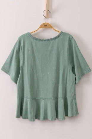 Lace Trim Detail Mineral Washed V-neck Knit Top