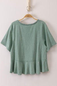 Lace Trim Detail Mineral Washed V-neck Knit Top