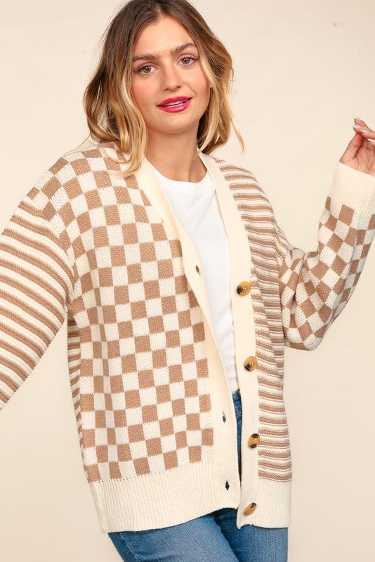 Button Down Checkered Long Sleeve Cardigan Plus