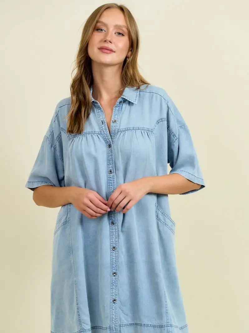 Denim Striped Pointed Yoke Seam Button Down Dress