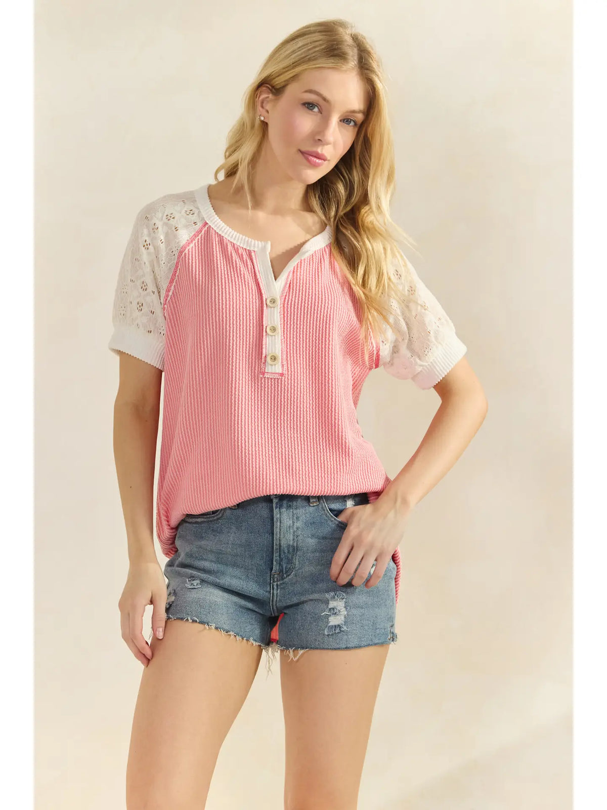 Solid Rib Lace Contrast Button Front Top