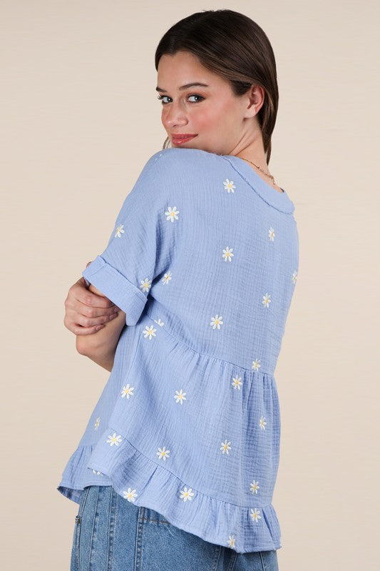 Flower Embroidered Woven Blouse Top