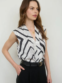Geo Line Print Sleeveless V Neck Satin Top