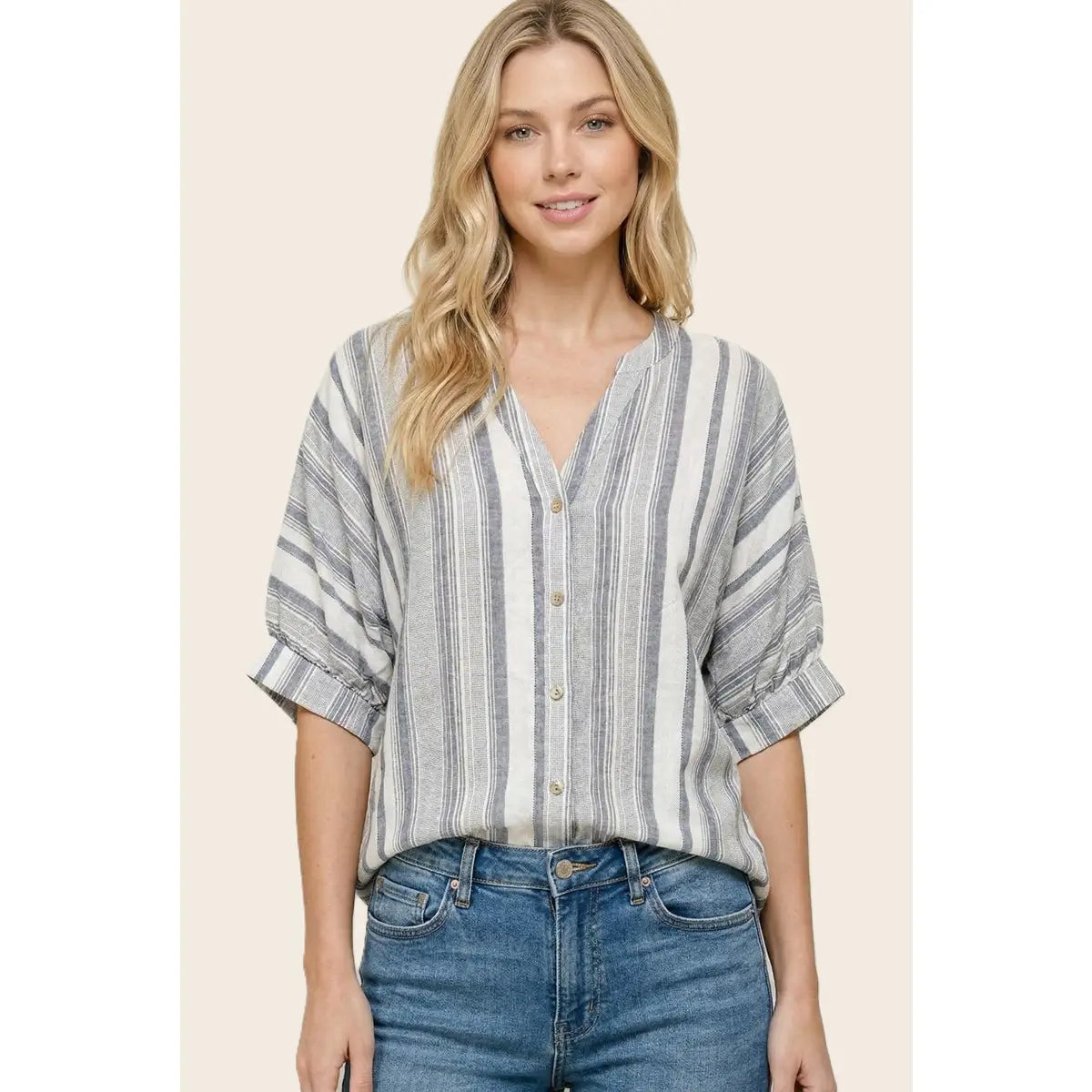 V Neck Yarn Dye Striped Shirts