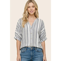 V Neck Yarn Dye Striped Shirts