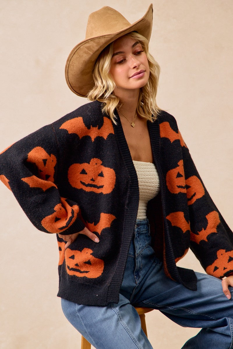 Halloween Pumpkin Bat  Open Front Cardigan