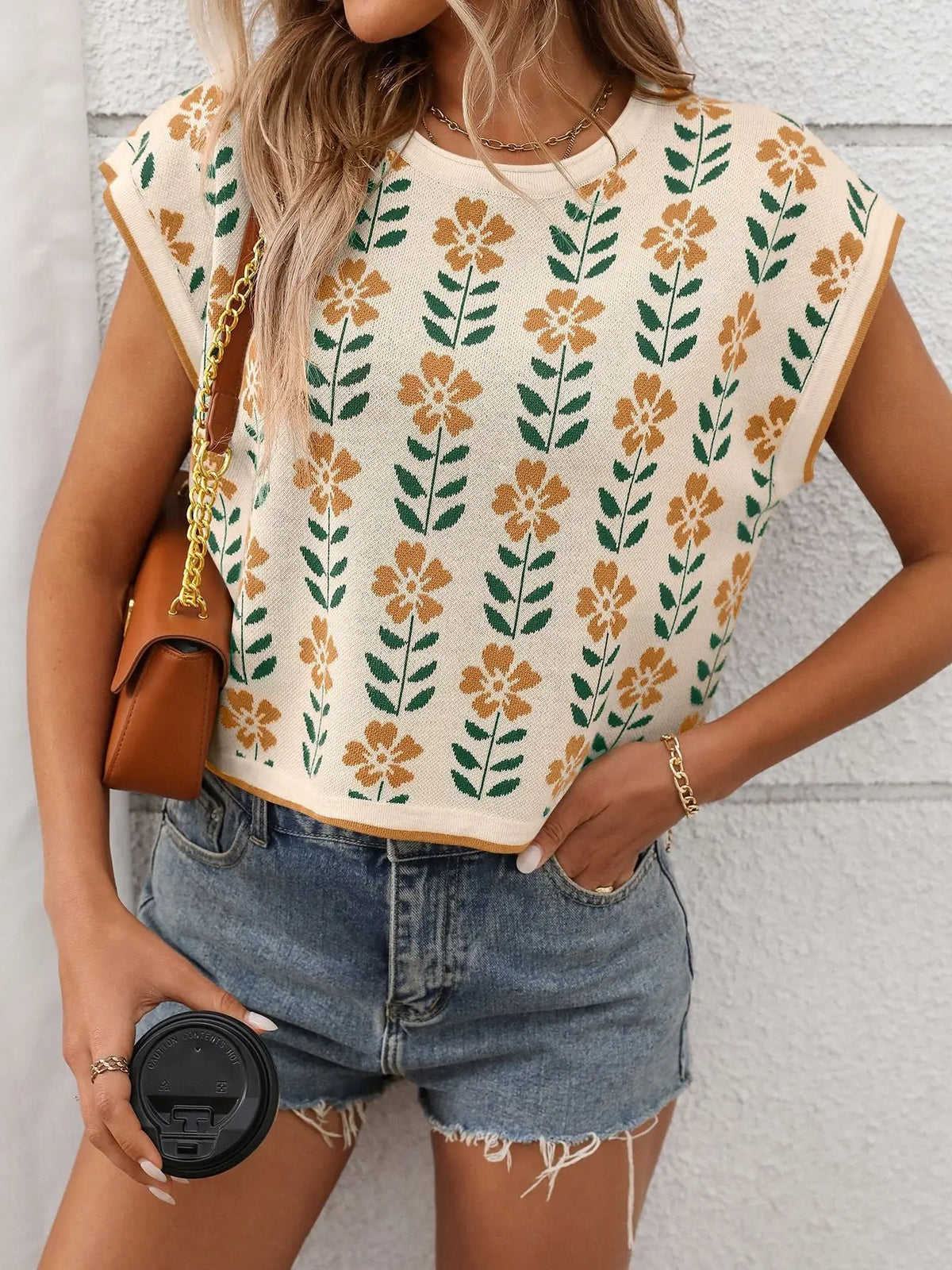 Floral Knit Crop Top Short Sleeve