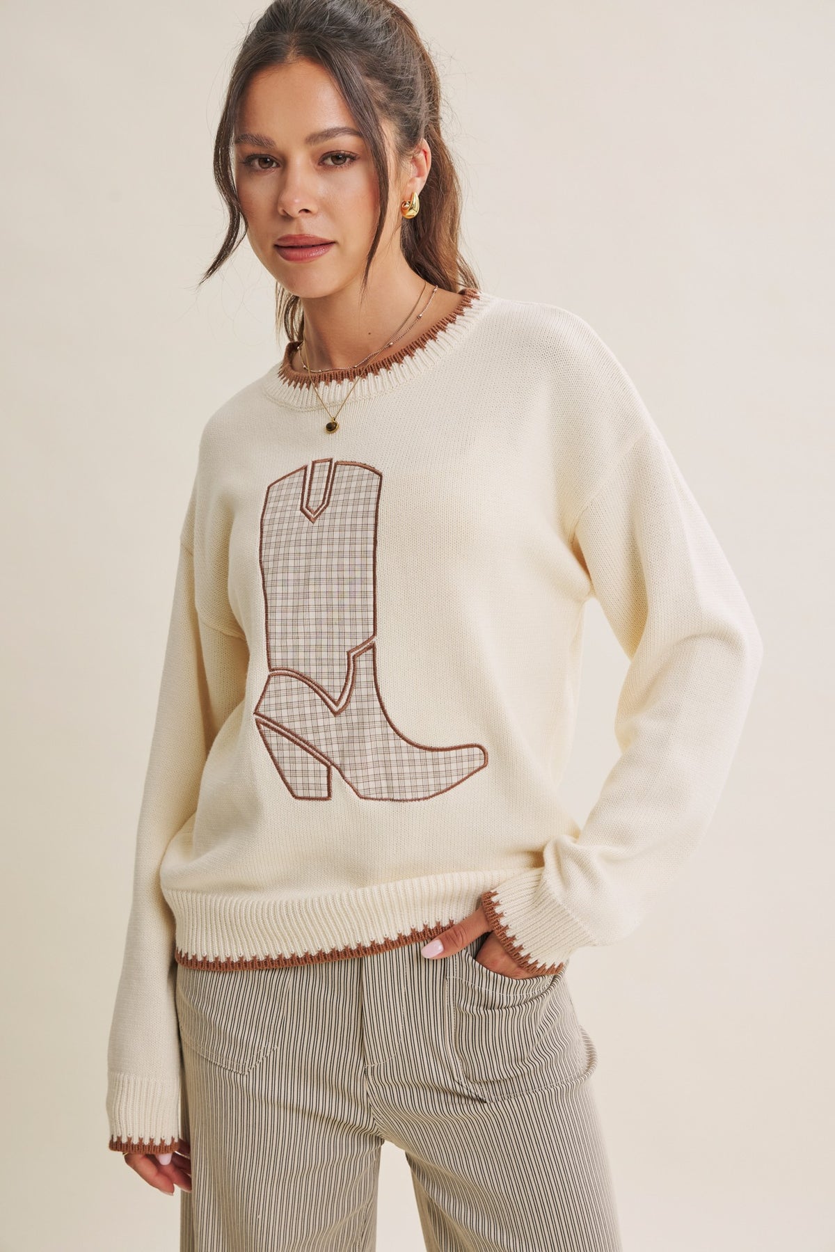 Plaid Cowboy Boot Cotton Sweater
