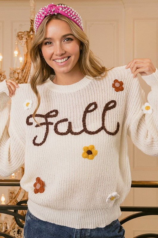 Fall Yarn Stitching Letter Flower Applique Sweater