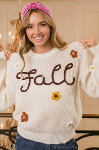 Fall Yarn Stitching Letter Flower Applique Sweater