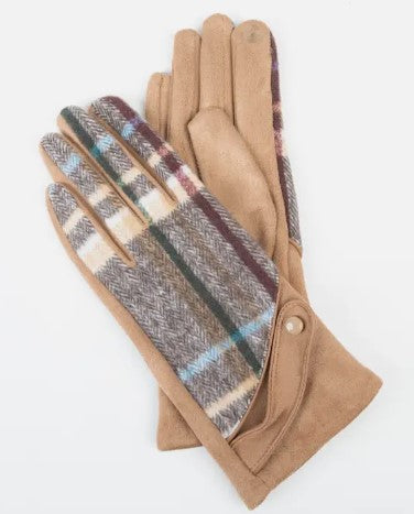 Plaid Button Soft Touchscreen Cuff Gloves