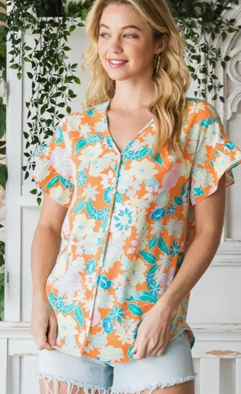 Short Sleeve Multi Color Floral Top