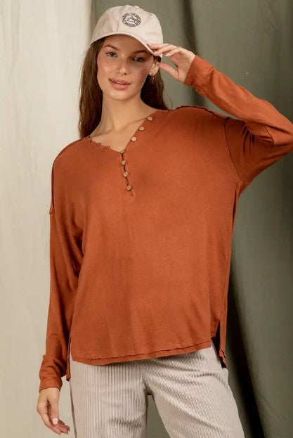 Button Down V-Neck Knit Henley Top