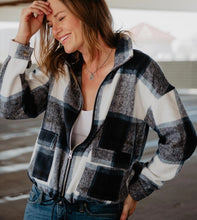 Load image into Gallery viewer, Navy Plaid Cropped Cinch Jacket
