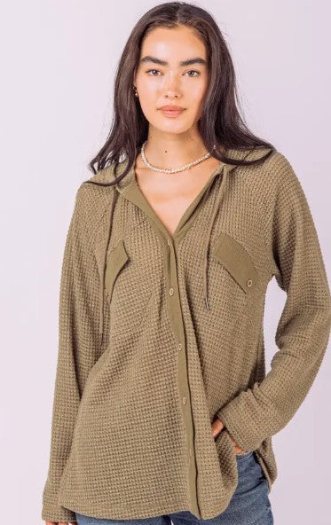 Casual Hooded Waffle Plus Button Up Knit