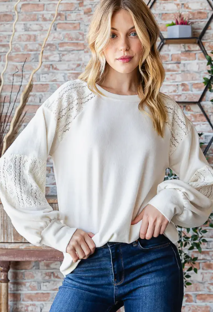 Long Sleeve Brushed Lace Contrast Top