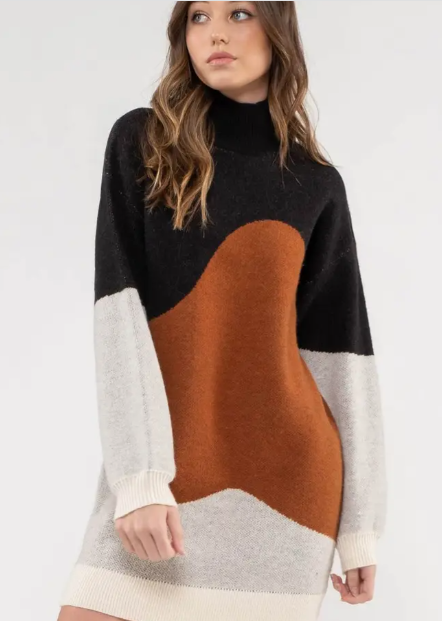 Colorblock Mock Neck Knit Sweater Dress