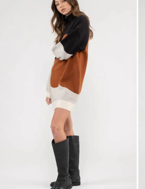 Colorblock Mock Neck Knit Sweater Dress