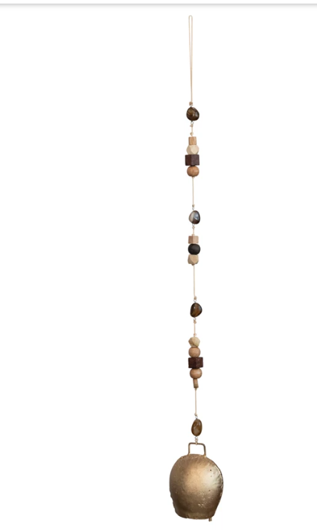 Hanging Metal Bell w/ Agate Stones & Wood Beads