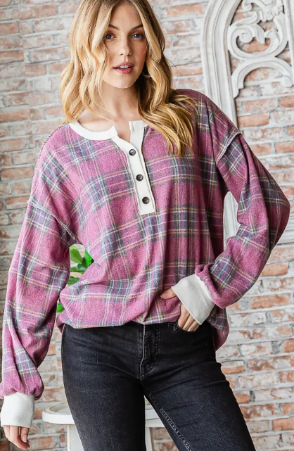 Long Sleeve Brushed Plaid Top or