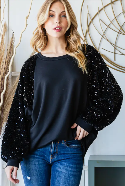 Long Sleeve Sequin Sleeves Knit Top
