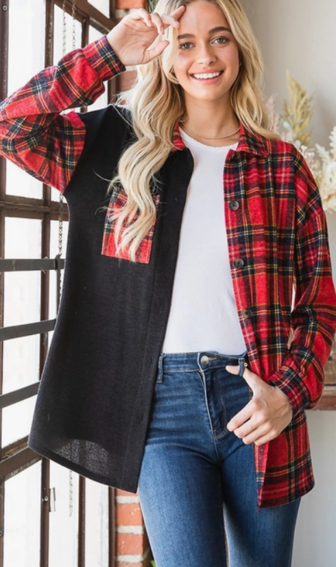 Long Sleeve Plaid Contrast Plus Shacket