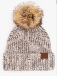 C.C Classic Rib Beanie with Faux Fur Pom