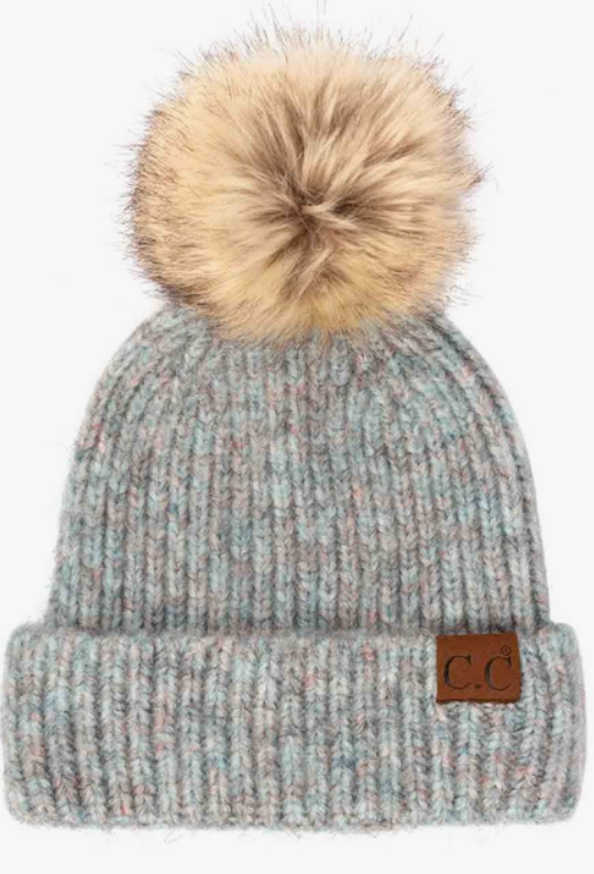 C.C Classic Rib Beanie with Faux Fur Pom