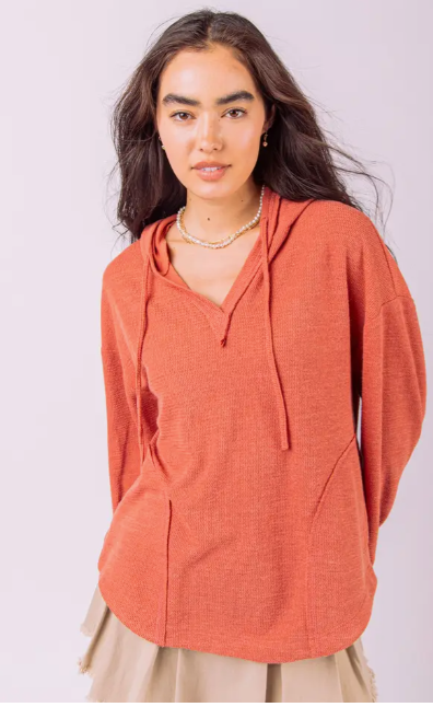V-neck Puff Sleeve Hooded Knit Top
