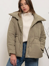 Elastic Waist Zip Up Puffer Jacket