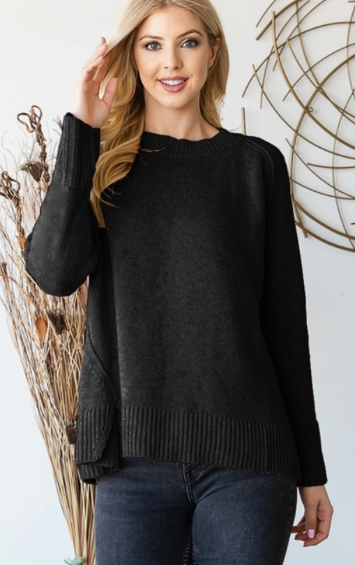 Long Sleeve Round Neck Uneven Plus Hem Sweater