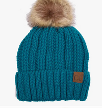 C.C Knit Beanie with Fuzzy Lining and Pom