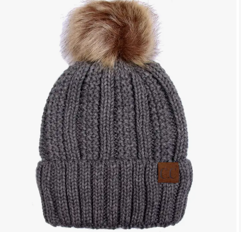 C.C Knit Beanie with Fuzzy Lining and Pom