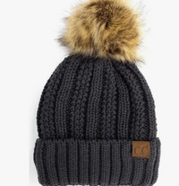 C.C Knit Beanie with Fuzzy Lining and Pom