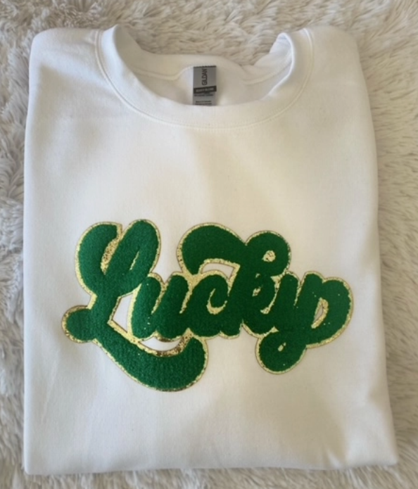 Lucky St Patricks Day Chenille Patch Sweatshirt