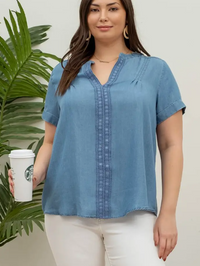 Split Neck Lace Trim Chambray Plus Top