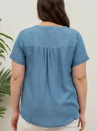 Split Neck Lace Trim Chambray Plus Top