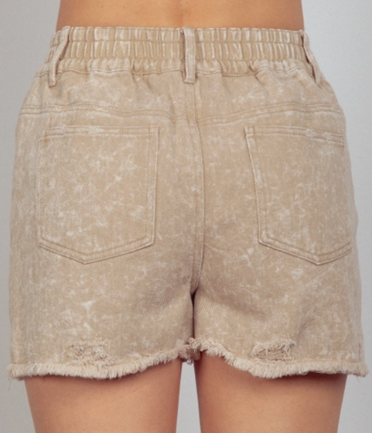 Elastic High Waist Distressed Washed Denim Shorts