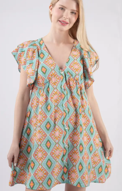 Deep V-Neck Multi Color Printed Mini Dress