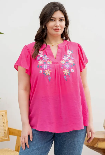 Floral Embroidery Split Neck Plus Blouse