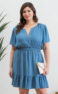 Plus Split Neck Flounce Chambray Mini Dress