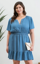 Load image into Gallery viewer, Plus Split Neck Flounce Chambray Mini Dress
